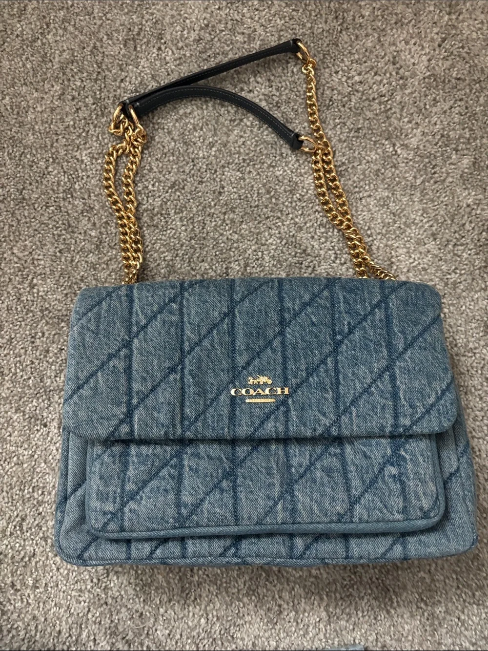 Coach Quilted Denim Shoulder Bag with Gold Chain